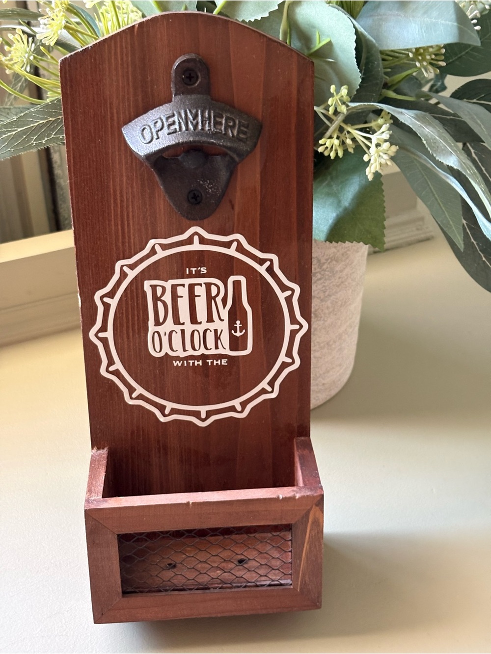 Beer O'Clock Wall-Mounted Bottle Opener with Cap Catcher - Brown